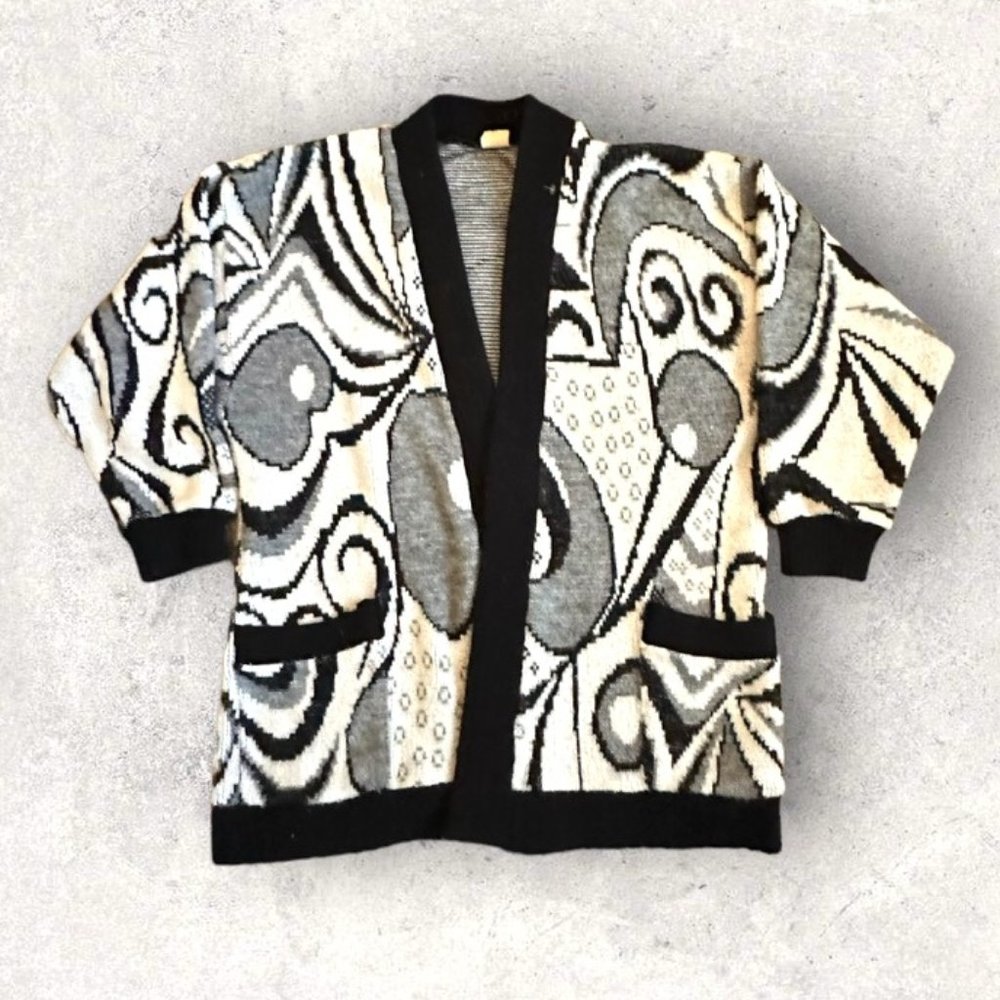 80s Vintage 100% Acrylic Hand Knit Cardigan Size L